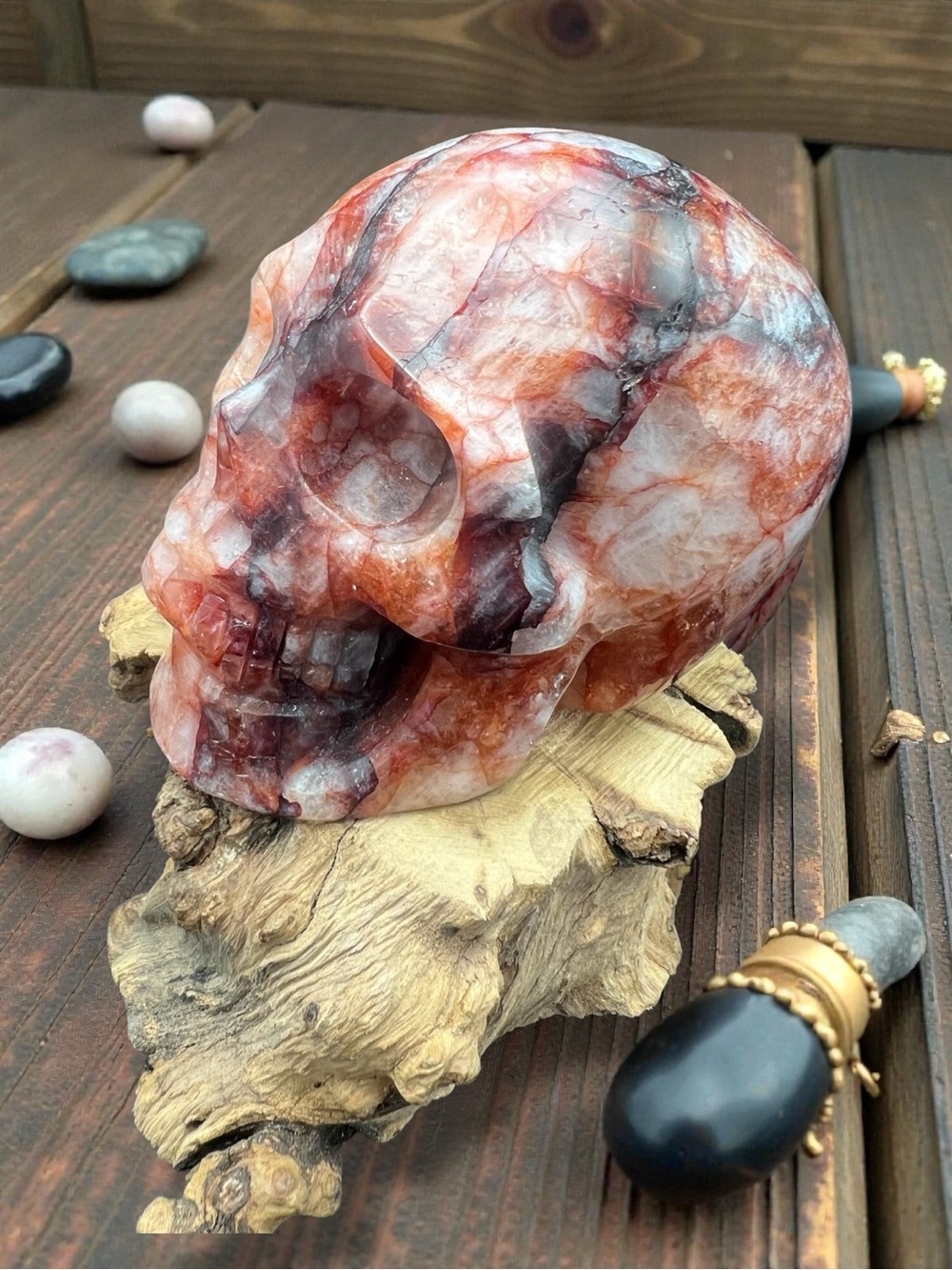 Hand-Carved Fire Quartz/Ox Blood Skull Decorative Accent 1lb 8oz